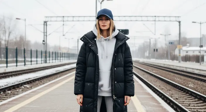 Maxi Puffer Coat + Baseball Cap + Leggings Aesthetic Winter Outfits