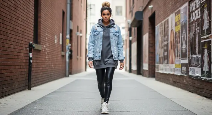 Distressed Denim Jacket + Hoodie + Leather Leggings Grunge Fall Outfits