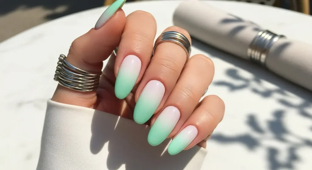 Mint Gloss Gradient Glossy Gel Nail Designs for Summer