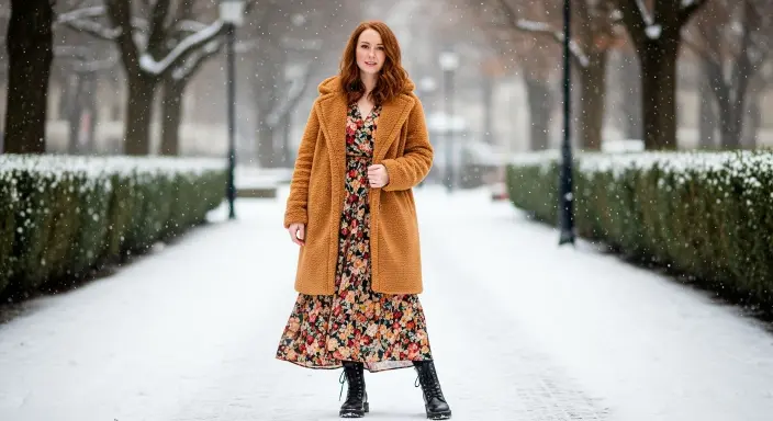 Teddy Coat + Flowy Dress Combo Aesthetic Winter Outfits