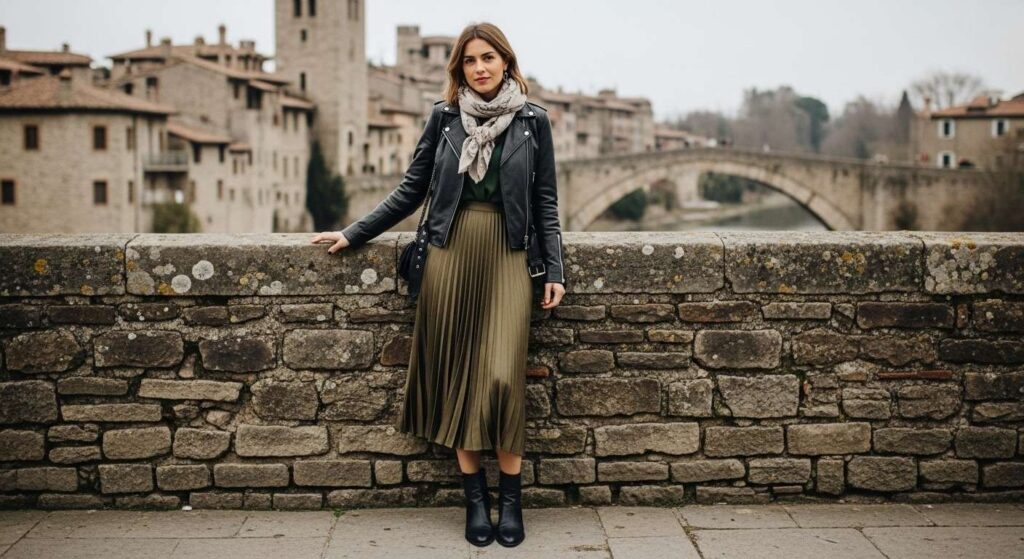 Leather Jacket + Midi Skirt + Ankle Boots 