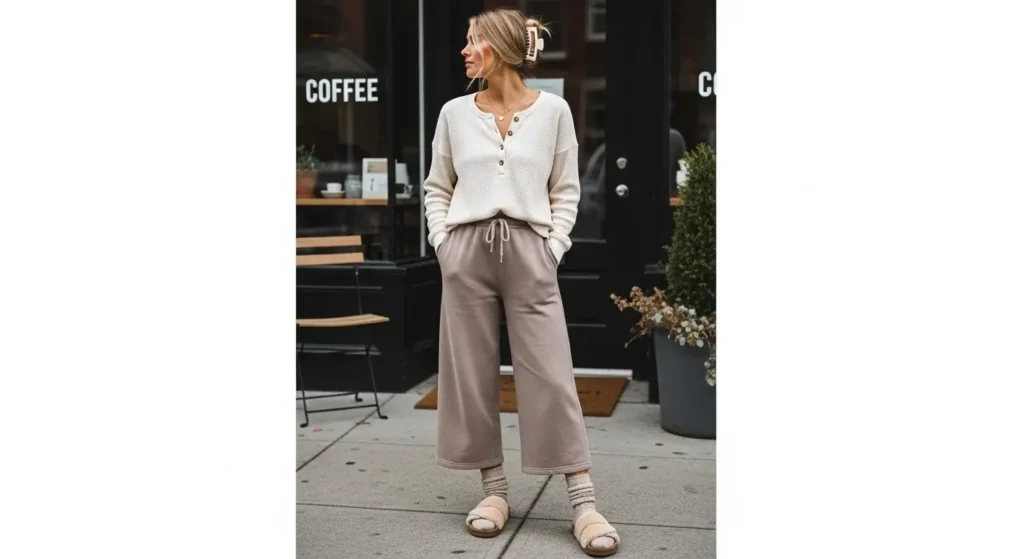 Waffle Knit Henley + Wide-Leg Sweatpants + Shearling Slides Casual Fall Outfits
