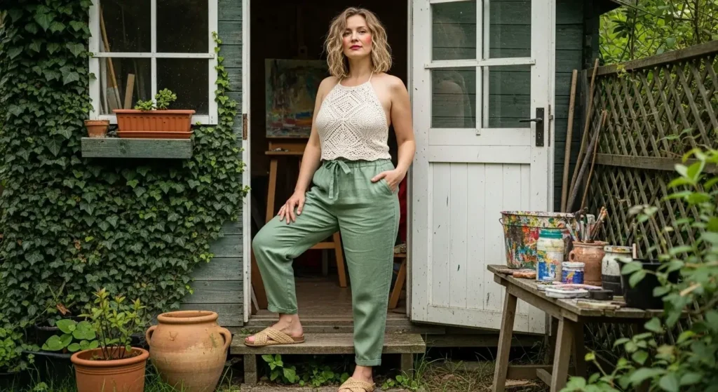 Sage Green Linen Pants + Crochet Top + Raffia Accessories Linen Pants Outfit Ideas