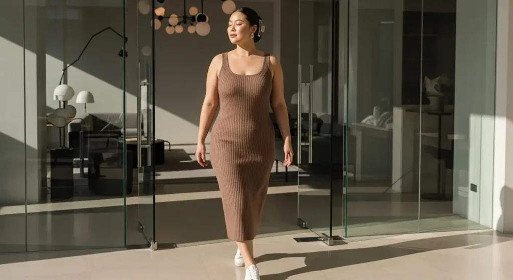 Minimalist Chic: Ribbed Knit Dress + White Sneakers Plus Size Aesthetic Outfit Ideas