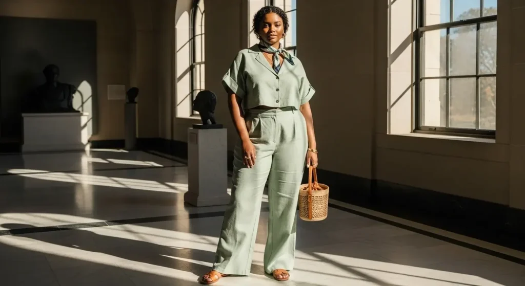 Linen Set + Leather Sandals Plus Size Aesthetic Outfit Ideas