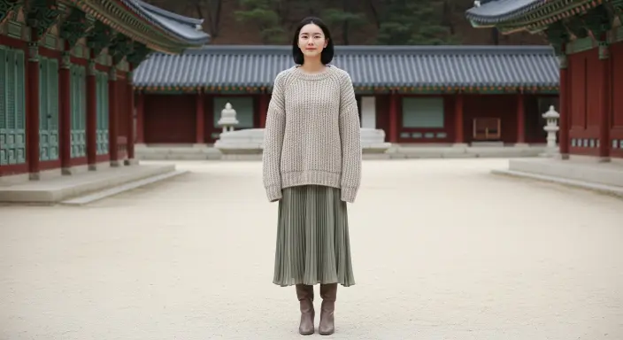 Oversized Sweater + Pleated Midi Skirt + Knee-High Boots Adorable Winter Outfits