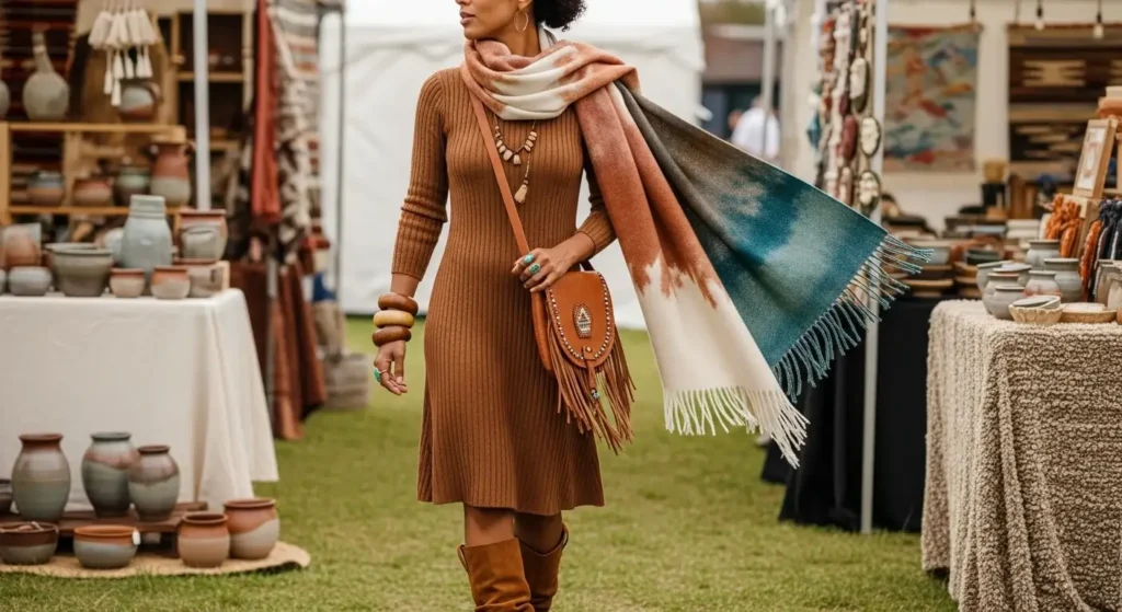 Blanket Scarf + Knit Dress + Slouchy Boots Boho Fall Outfits