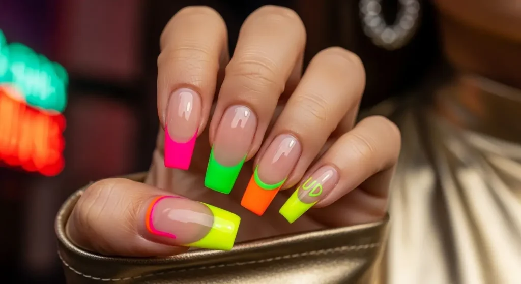 Glossy Neon French Glossy Gel Nail Designs for Summer