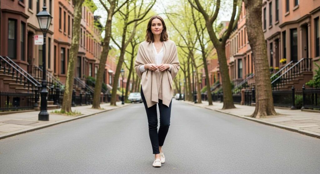 Cashmere Wrap with Skinny Jeans and Loafers Classy Fall Outfits