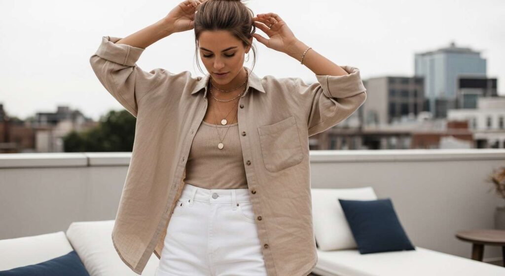 Oversized Linen Button-Up + High-Waisted Shorts July Outfit Ideas