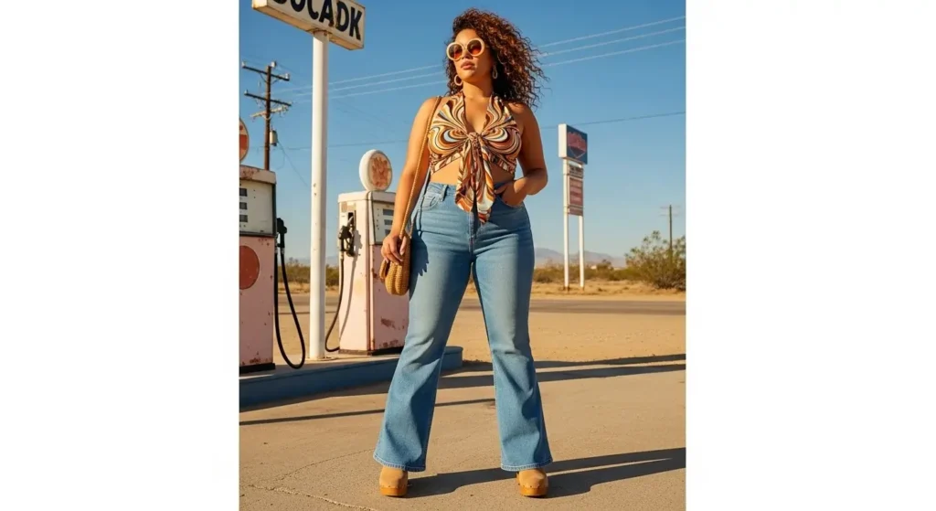 Retro Aesthetic: Halter Top + Flared Jeans Plus Size Aesthetic Outfit Ideas