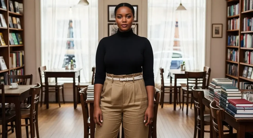 High-Waisted Khaki Linen Pants + Slim Black Turtleneck + Gold Hoops Linen Pants Outfit Ideas