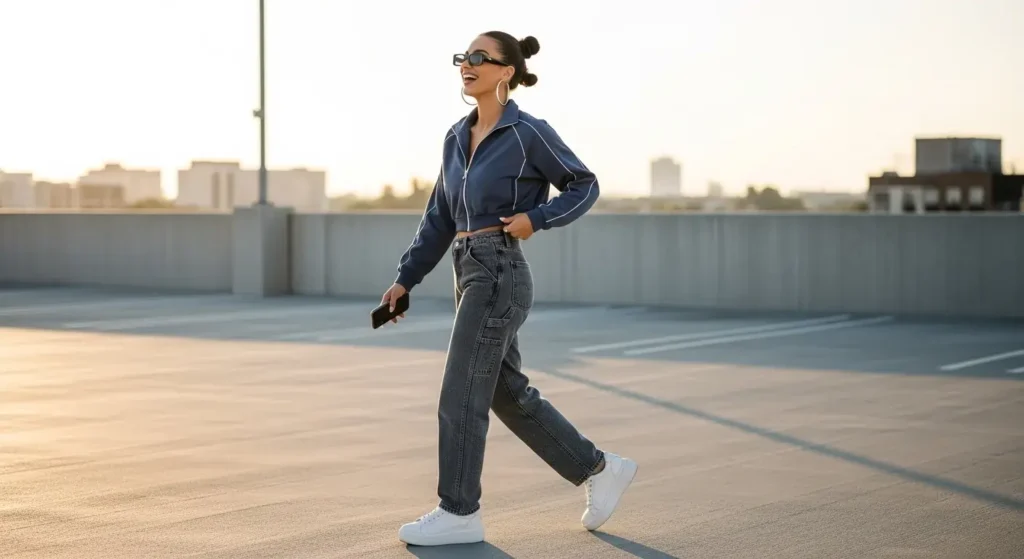 Track Jacket + Carpenter Jeans + Platform Sneakers 90s-Inspired Fall Outfits