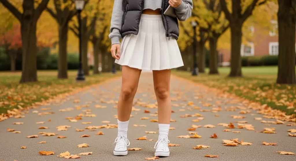 Hoodie + Tennis Skirt + High-Tops Fall Outfits with Skirts
