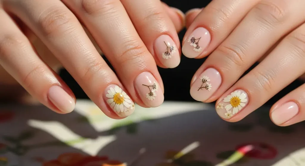 Pressed Flower Accent Nails End of Summer Nails Ideas