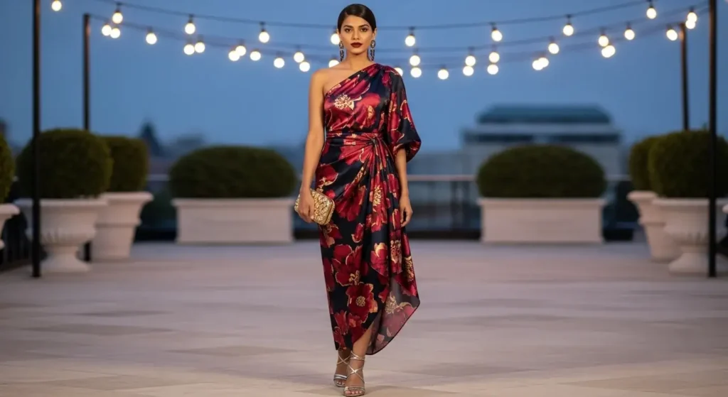 One-Shoulder Floral Dress + Metallics Perfect Dress Outfits That Prove Florals Are Still Summer