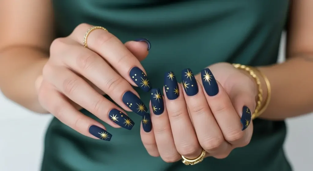 Matte Navy with Gold Starbursts July Nails Ideas