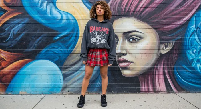 Oversized Band Hoodie + Pleated Plaid Skirt + High-Top Sneakers Grunge Fall Outfits
