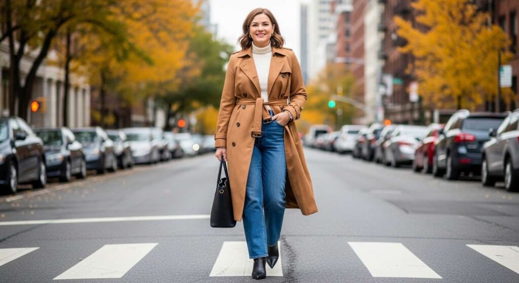 Belted Trench Coat with Straight-Leg Jeans Mid-Size Fall Outfits