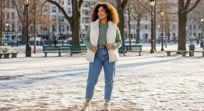Basic Knit + Puffer Vest + Mom Jeans + Sneakers Casual Winter Outfit Ideas