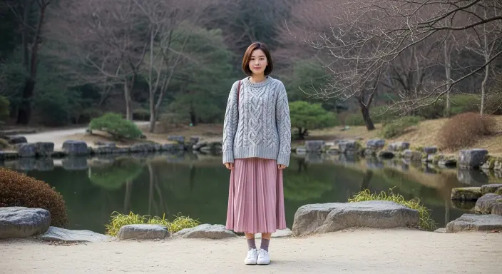 Cable Knit Sweater + Pleated Skirt + Sneakers Aesthetic Winter Outfits