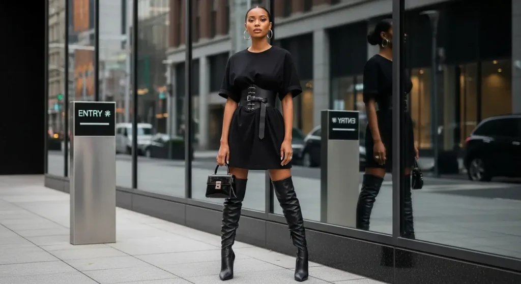 Extra-Large Tee + Belted Waist + Thigh-High Boots Trendy Baggy T-Shirt Outfits for Women