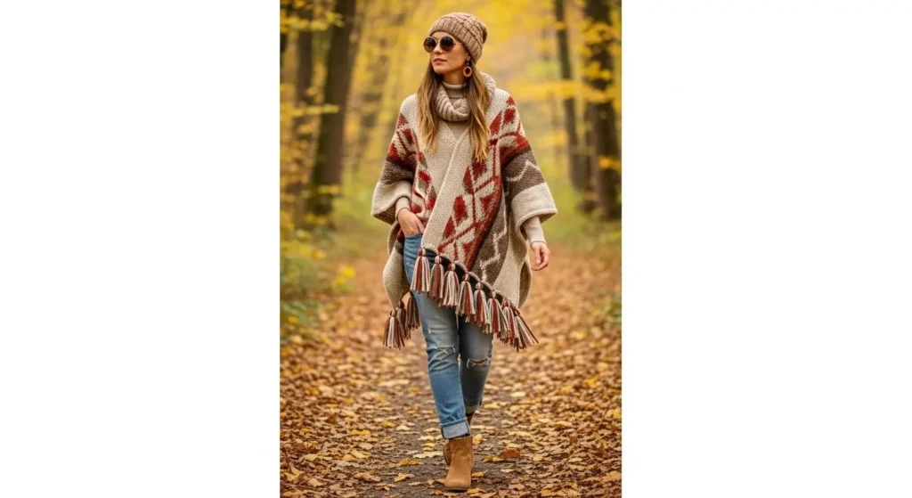 Knit Poncho + Faded Jeans + Ankle Booties Boho Fall Outfits