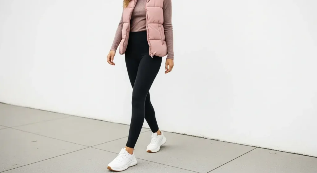 Puffer Vest + Basic Long Sleeve + Leggings + Sneakers Shein Fall Outfits