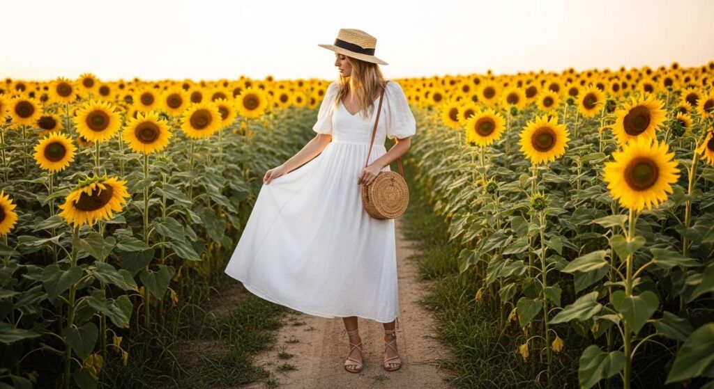 Flowy White Sundress + Woven Accessories July Outfit Ideas