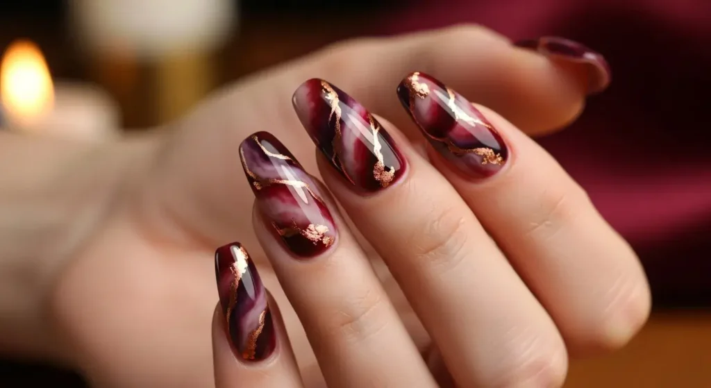 Maroon Marble Magic Autumn Nails Chic Ladies