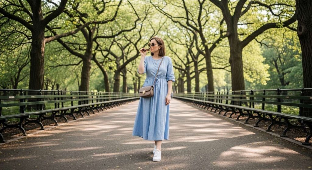Flowy Midi Dress + Comfy Sneakers New York Summer Outfit Ideas