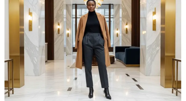 Camel Wool Coat + Black Turtleneck + Tailored Trousers Chic Winter Outfits