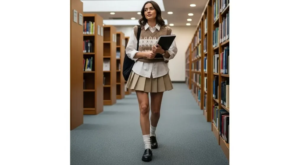 Sweater Vest + Poplin Shirt + Pleated Mini Skirt + Loafers Trendy Fall Outfits