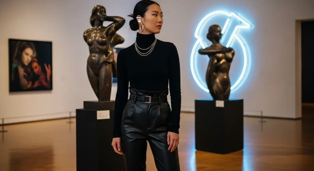 Turtleneck + Faux Leather Pants + Combat Boots Edgy Fall Outfits