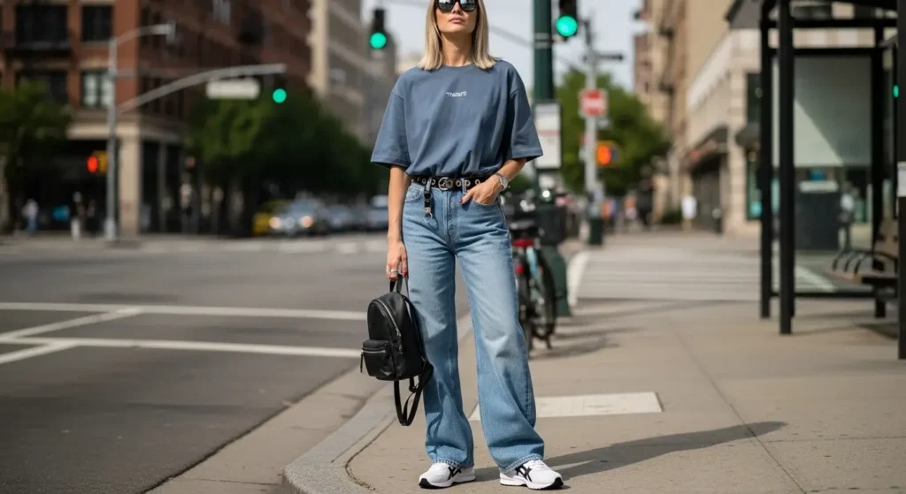 Baggy Tee + Wide-Leg Jeans + Sporty Sunglasses Trendy Baggy T-Shirt Outfits for Women