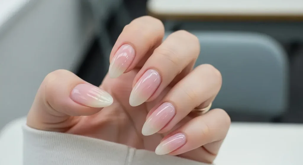 Glossy Sheer Pink Almonds Back to School Nails