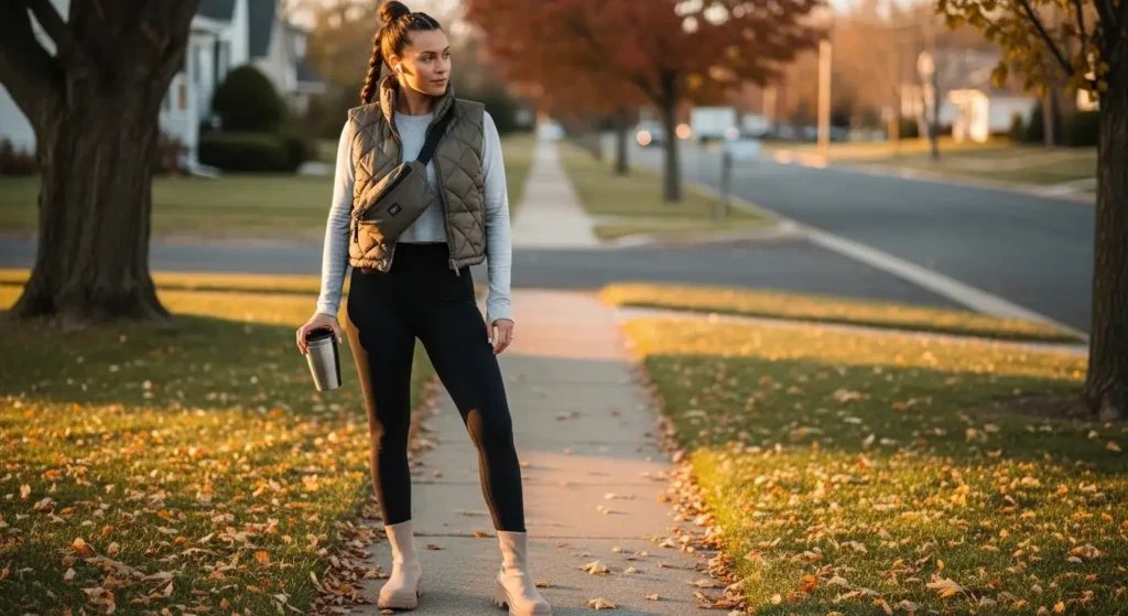 Cropped Puffer Vest + Long-Sleeve Tee + Leggings Early Fall Outfits