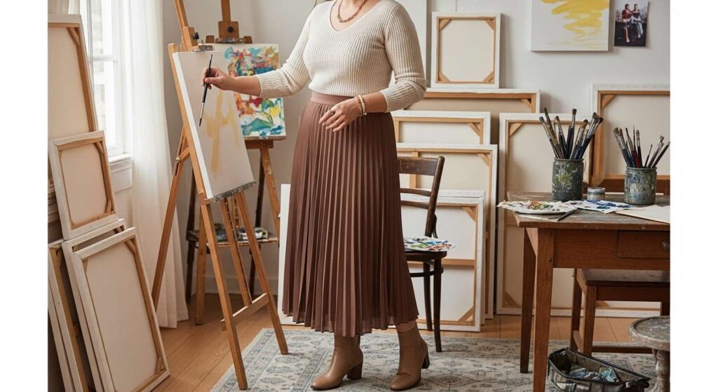 Pleated Midi Skirt with Fitted Knit Top Mid-Size Fall Outfits
