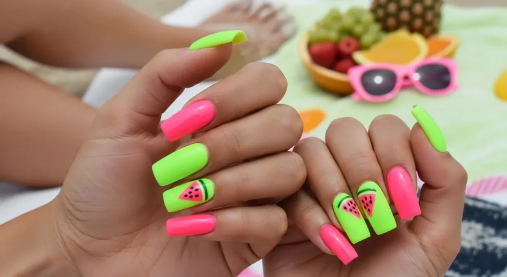 Watermelon Split Glossy Gel Nail Designs for Summer
