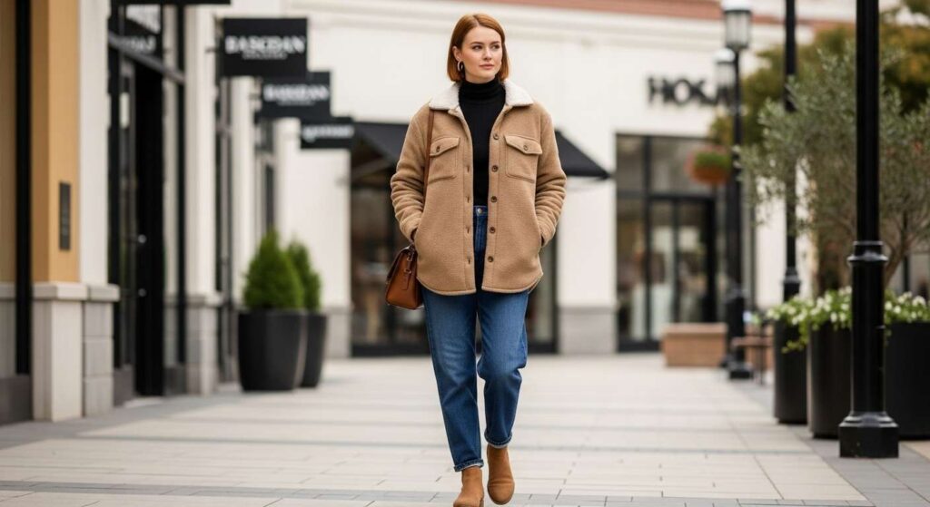 Fleece-Lined Shacket + Turtleneck + Relaxed Jeans Warm Fall Outfits