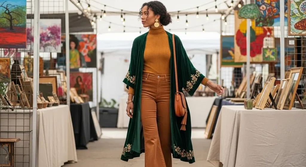 Velvet Kimono + Flares + Ribbed Turtleneck Boho Fall Outfits