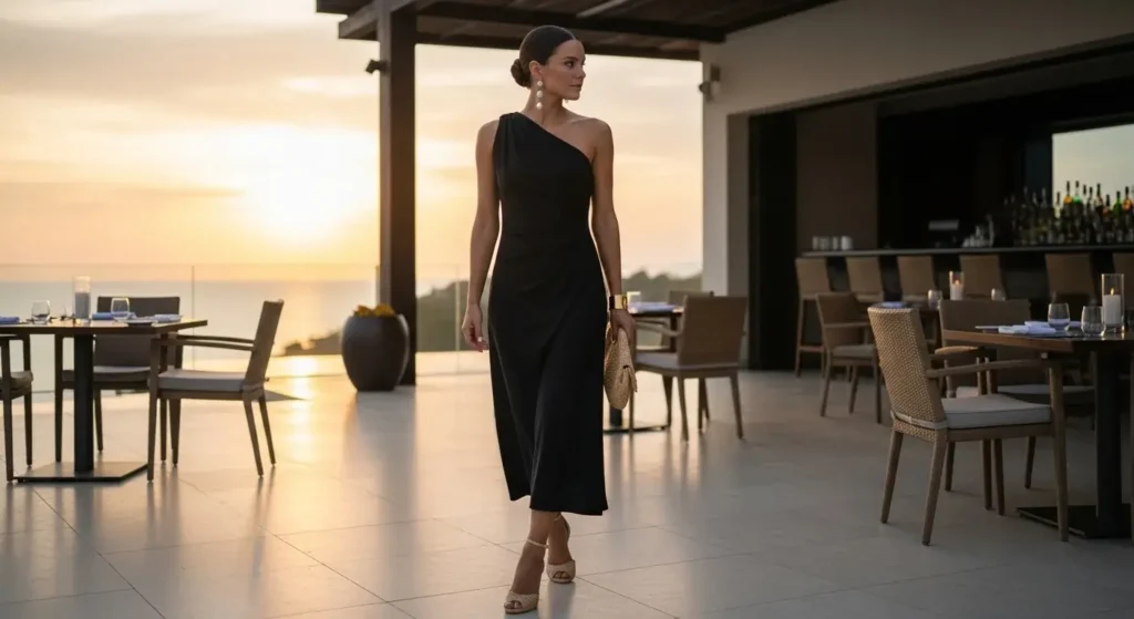 Black One-Shoulder Dress + Raffia Accessories Wear in Mexico