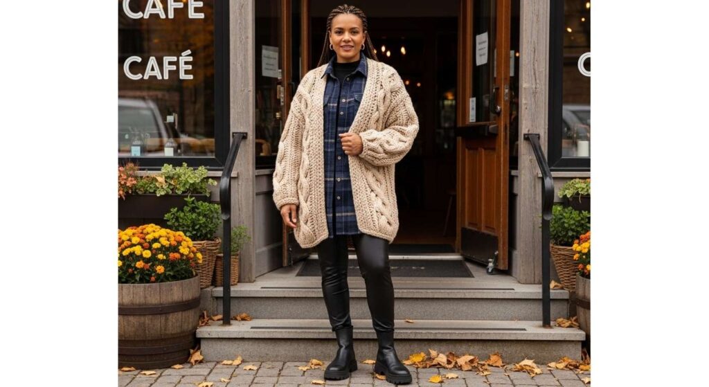 Chunky Cable Knit Cardigan + Flannel Shirt + Faux Leather Leggings Warm Fall Outfits