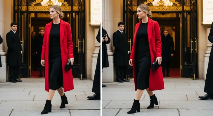 Statement Coat + Sleek Dress + Block Heels Classy Winter Outfits