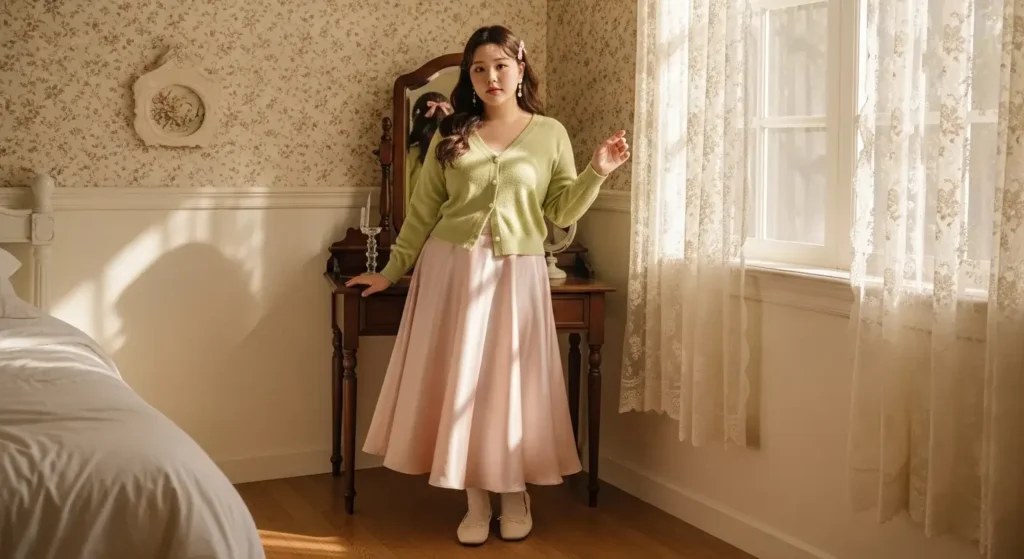 Soft Girl Aesthetic: Cardigan Top + Satin Midi Skirt Plus Size Aesthetic Outfit Ideas
