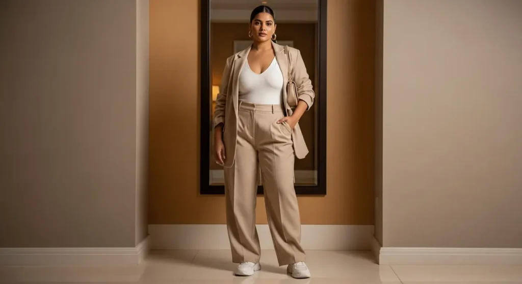 Clean Girl Aesthetic: Soft Neutrals + Tailored Wide-Legs Plus Size Aesthetic Outfit Ideas