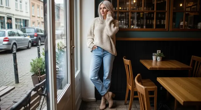 Oversized Knit Sweater + Straight-Leg Jeans + Ankle Boots Casual Winter Outfit Ideas
