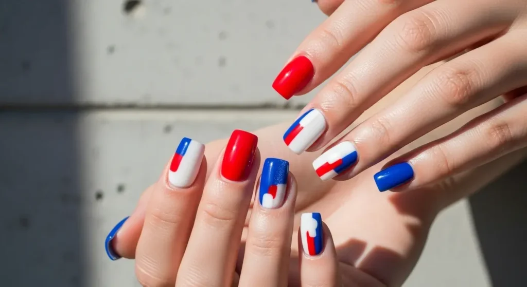 Red, White & Blue Color block July Nails Ideas