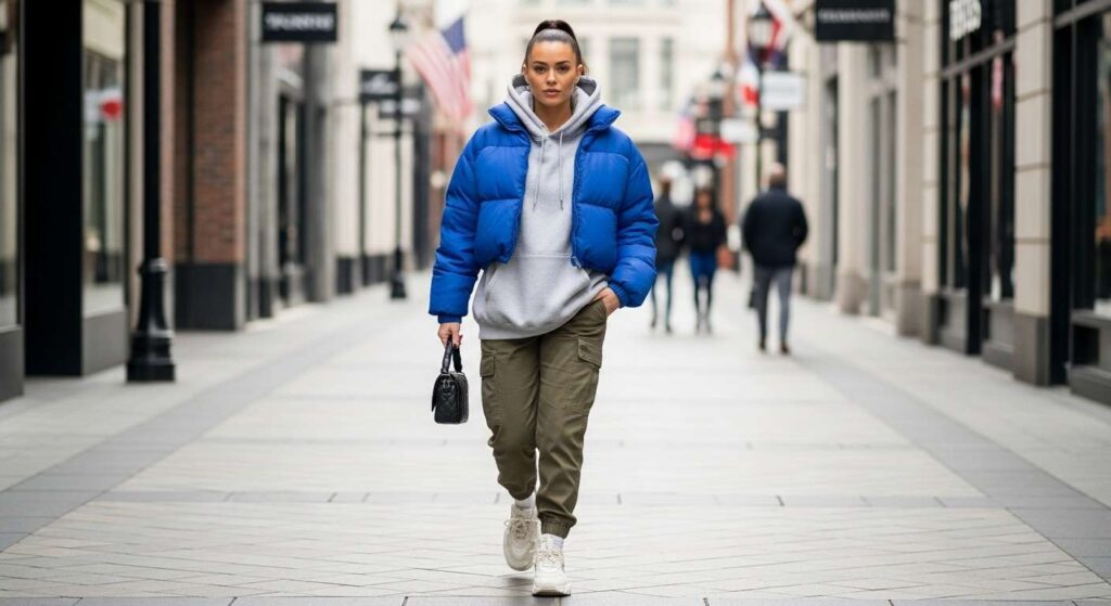 Cropped Puffer Jacket + Hoodie + Cargo Pants Chic Fall Outfits