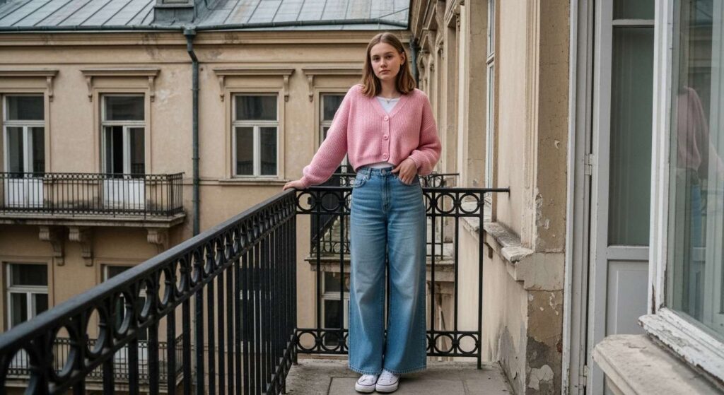Cropped Cardigan + Wide-Leg Jeans + Sneakers Fall Outfits for Teens